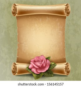 Vertical old scroll paper with beautiful rose and space for your text