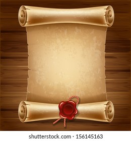 Vertical old scroll paper on wooden background with space for your text