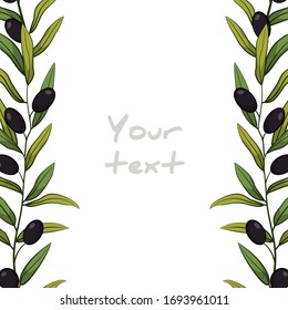 Bordes de oliva verticales; cuadro con aceitunas negras para tarjetas de felicitación, carteles, banners, tarjetas de boda, invitaciones, diseño web.