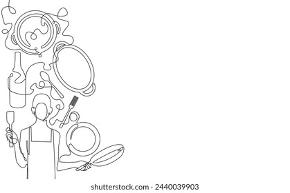 Vertical one line drawing illustration on culinary theme isolated on white background.   Chef with kitchen utensils. Vector art.