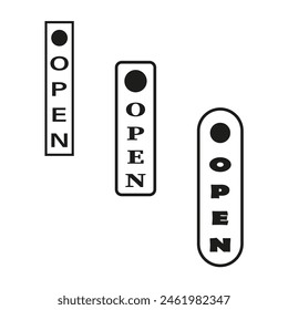 Vertical open signs in black and white. Vector minimal door indicators. Simplistic open tags. Universal accessibility symbols.