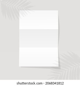Vertical opened trifold flyer paper mockup illustration on leaf shadow overlay isolated background