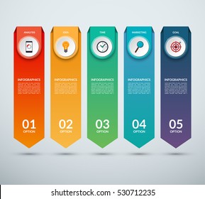 Banner de opções verticais para infográficos. Modelo de design de seta com 5 opções, etapas, peças. Fundo vetorial. Pode ser usado para web design, gráfico vertical ou gráfico, opções de passo, relatório de negócios etc.