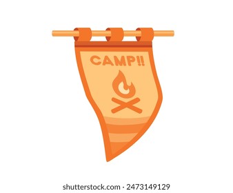 Vertical orange flag with bonfire icon waving in wind camping reach vector illustration isolated on white background