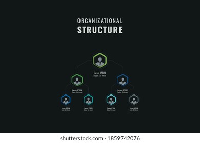Vertical organizational structure of the company template. Multicolor hexagonal elements with person symbols, names and job positions on a black background. Vector business hierarchy. Eps 10