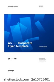 Vertical orientation layout template with geometric shapes for seminars, conferences, advertising posters or business. Corporate report cover design mockup with abstract geometric illustrations.