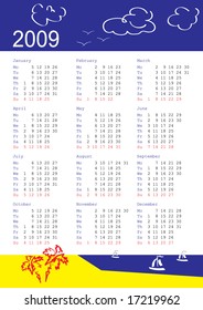 vertical oriented calendar grid of 2009 year. Monday is first day of week. With tropic theme.
