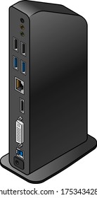 A Vertical Oriented USB Laptop Docking Station. With Connectors For Microphone, Headphones, USB, DisplayPort, Ethernet Networking, And DVI Video.