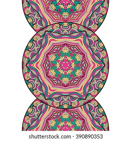Vertical ornament with round ornament. Zentangle mandala. Vector isolated illustration