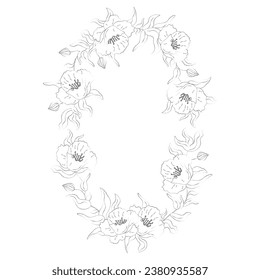 marco ovalado vertical de hojas con banner vectorial de línea de flores