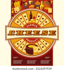 Plantilla de queso de embalaje de Vertical con etiqueta circular, íconos de rueda de queso, botella de vino, texto. Para el envasado de alimentos y el diseño de marca en estilo retro. Fondo oscuro