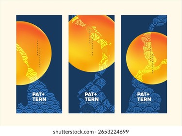Vertical packaging design with Japanese abstract motifs blended into gold gradient moon shapes on navy blue background