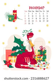 Vertical page calendar for December 2024 with Christmas mistletoe dragon. The symbol of the year of dragon. Week starts on Sunday. Vector illustration cartoon style