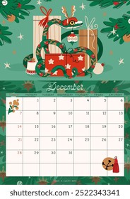 Calendario de la página de Vertical para diciembre de 2025 con Navidades serpiente verde con caja de regalo. El símbolo del año de la serpiente. La semana comienza el domingo. Estilo de dibujos animados de Ilustración vectorial