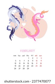 Vertical page calendar for February 2024. Two Chinese dragon fly around hearts. Flat vector illustration for schedule design of winter month. Romance dragons in trendy style. Symbol of New Year 2024