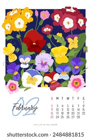 Vertical page calendar for February 2025 with cute with cute winter viola and primrose, primula flowers and leaves. Week starts on Sunday. Vector illustration flat style