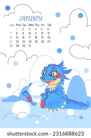 Vertical page calendar for January 2024 with cute winter dragon. The symbol of the year of dragon. Week starts on Sunday. Vector illustration cartoon style