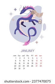 Calendario vertical de páginas para enero de 2024. dragón chino con bufanda y taza de chocolate caliente y malvaviscos. Ilustración vectorial acogedora. Símbolo de Año Nuevo 2024. Diseño de moda.