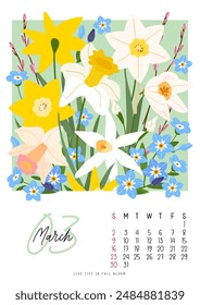 Vertical page calendar for January 2025 with cute spring daffodil, pussy willow and myosotis flowers and leaves. Week starts on Sunday. Vector illustration flat style