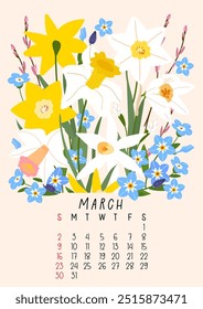 Vertical page calendar for January 2025 with cute spring daffodil, pussy willow and myosotis flowers and leaves. Week starts on Sunday. Vector illustration flat style