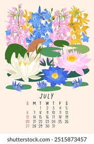 Calendário de página vertical para julho de 2025 com lírio bonito de água de verão e flores e folhas de larkspur. A semana começa no domingo. Estilo plano de ilustração vetorial