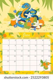 Vertical page calendar for July 2025 with blue snake and tangerine. The symbol of the year of snake. Week starts on Sunday. Vector illustration cartoon style
