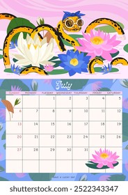 Vertical page calendar for July 2025 with yellow snake and water lilies. The symbol of the year of snake. Week starts on Sunday. Vector illustration cartoon style