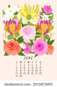 Vertical page calendar for June 2025 with cute with cute summer rose and honeysuckle flowers and leaves. Week starts on Sunday. Vector illustration flat style