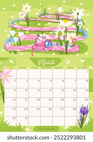 Calendario de la página de Vertical para marzo de 2025 con serpiente rosa narciso. El símbolo del año de la serpiente. La semana comienza el domingo. Estilo de dibujos animados de Ilustración vectorial