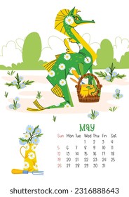 Vertical page calendar for may 2024 with daisy green dragon. The symbol of the year of dragon. Week starts on Sunday. Vector illustration cartoon style