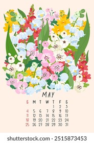 Calendário de página vertical para maio de 2025 com lírio de primavera bonito de flores e folhas de vale e espinheiro. A semana começa no domingo. Estilo plano de ilustração vetorial