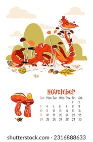 Vertical page calendar for november 2024 with mushroom dragon. The symbol of the year of dragon. Week starts on Sunday. Vector illustration cartoon style