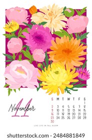 Vertical page calendar for November 2025 with cute autumn peony and chrysanthemum flowers and leaves. Week starts on Sunday. Vector illustration flat style