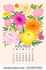 Calendário de página vertical para novembro de 2025 com peônia de outono bonito e flores e folhas de crisântemo. A semana começa no domingo. Estilo plano de ilustração vetorial