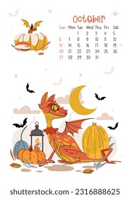 Vertical page calendar for october 2024 with halloween dragon. The symbol of the year of dragon. Week starts on Sunday. Vector illustration cartoon style
