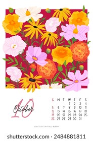 Vertikaler Seitenkalender für Oktober 2025 mit niedlichem Herbstkosmos und Ringelblumen und Blättern. Die Woche beginnt am Sonntag. Vektorillustration flacher Stil