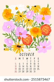 Vertical page calendar for October 2025 with cute autumn cosmos and marigold flowers and leaves. Week starts on Sunday. Vector illustration flat style