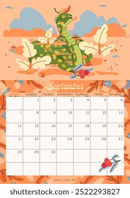 Vertical page calendar for September 2025 with acorn green dragonsnake. The symbol of the year of snake. Week starts on Sunday. Vector illustration cartoon style