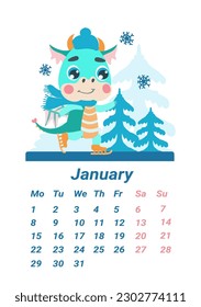 Vertical page of the children's calendar with a small green dragon. January 2024. A calendar with a cute dragon, the symbol of the year.  Illustration of a dinosaur skating in a flat cartoon style.