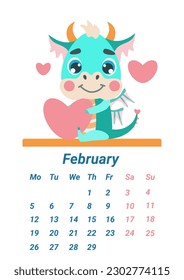 Vertical page of the children's calendar with a small green dragon. February 2024. Calendar with a dragon, the symbol of the year.  Illustration of a dinosaur holding a heart in a flat cartoon style.