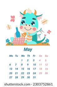 Vertikale Seite des Kinderkalenders mit einem kleinen grünen Drachen. Mai 2024.  С Kalender mit einem Drachen, das Symbol des Jahres.  Dinosaurier auf einem Picknick. die Illustration ist in einem flachen Cartoon-Stil gemacht.