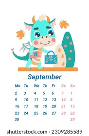 Vertical page of the children's calendar with a small green dragon. September 2024. Calendar with a dragon, the symbol of the year.  dinosaur to school. illustration is made in a flat cartoon style.