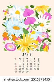 Vertical page flower calendar for April 2025 with Easter daisy and sweet pea, bellis flowers and leaves. Week starts on Sunday. Vector illustration cartoon style