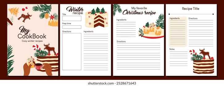 Vertical pages for making notes about cooking homemade desserts. Blank template for cook book. Vector design.