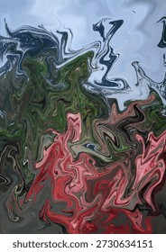 A vertical, painterly marbled scene with energetic red and pink foreground swirls, rich green midtones, and cool sky-like blues above