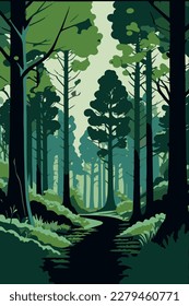 Vertical panorama of green eco forest. Green ecological forest. Vector illustration.