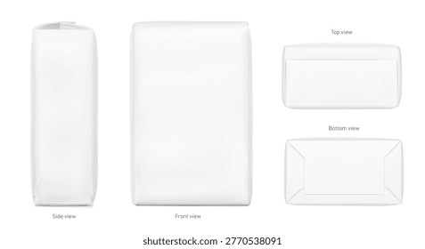 Vertical paper bag package mockup. Front, side, top and bottom view. Vector illustration isolated on white background. Easy to use for presentation your product, idea, promo, design. EPS10.