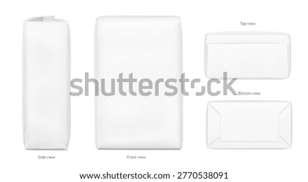 Vertical paper bag package mockup. Front, side, top and bottom view. Vector illustration isolated on white background. Easy to use for presentation your product, idea, promo, design. EPS10.