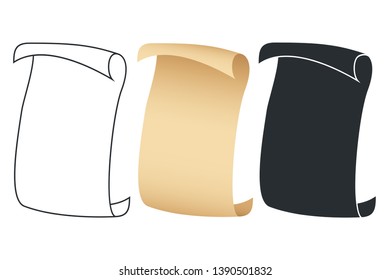 Vertical Paper Blank Scroll. Cardboard Banner with Space for Your Text. Outline Colored and Silhouette Variants