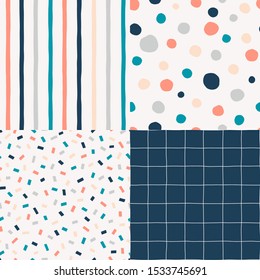 Vertical parallel stripes pattern. Polka dot, circles hand drawn print. Checkered geometrical simple texture. Confetti decorative backdrop. Colourful Abstract seamless designs set.